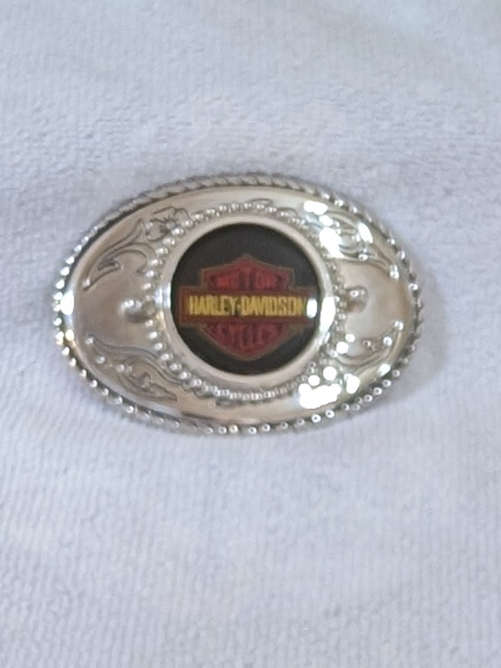 Harley-Davidson Silver Belt Buckle with Black & Orange Logo